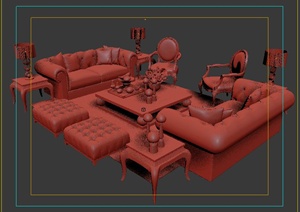 欧式风格沙发、茶几、陈设组合3dmax模型