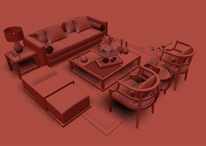 一套中式沙发茶几组合设计3DMAX模型