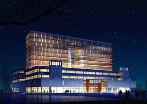 某图书馆建筑设计PSD夜景效果图