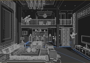 现代中式某两层住宅空间客厅装修设计3DMAX模型