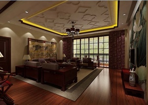 中式风格住宅客餐厅室内设计3dmax模型（含效果图）