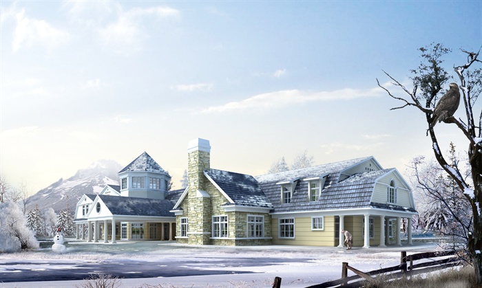欧式风格别墅建筑设计psd雪景效果图