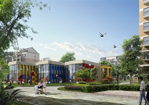 某住宅区内幼儿园学校建筑景观psd效果图