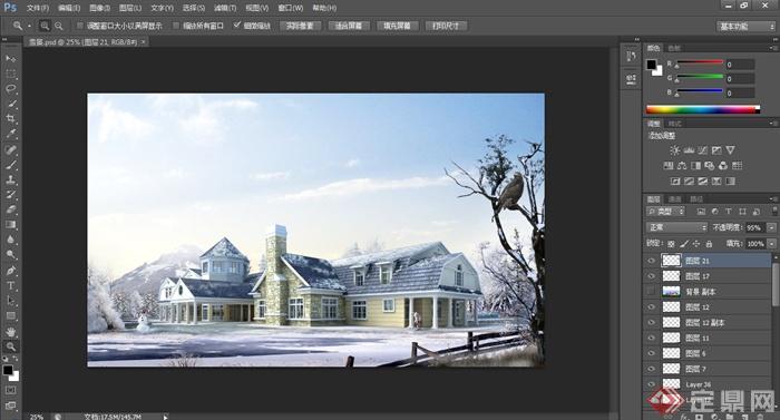 欧式风格别墅建筑设计psd雪景效果图(2)