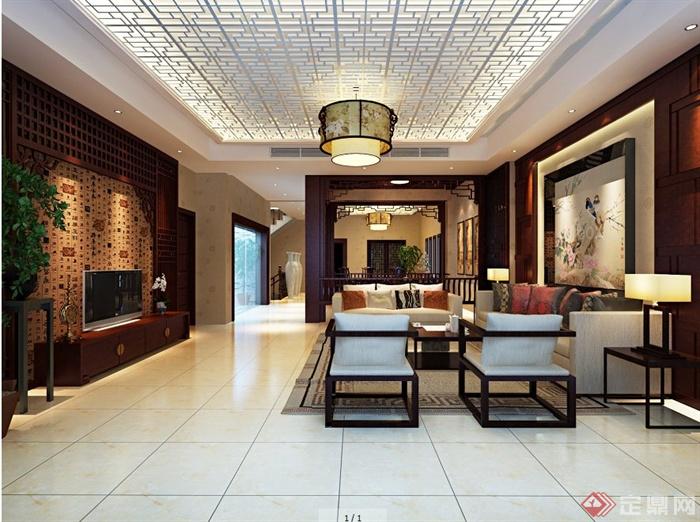 中式风格复式住宅客餐厅、茶室室内设计3DMAX模型（含效果图）(1)
