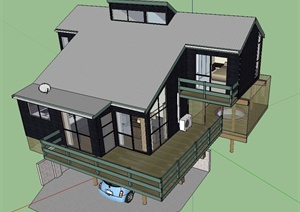 一栋现代住宅建筑设计SU(草图大师)模型（带室内）