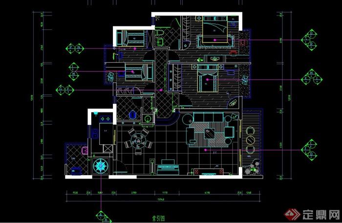 某简约欧式风格四室一厅住宅空间设计CAD施工图及JPG效果图(3)