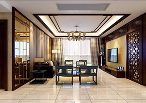 现代新中式风格客厅室内设计3dmax模型（含效果图）