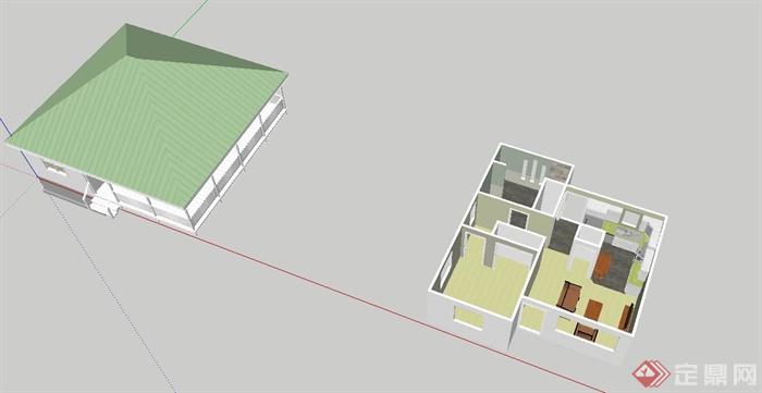 一栋单层住宅建筑设计SU模型（带室内）(2)