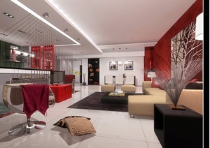 现代某中式红色风格一室一厅住宅空间室内设计CAD施工图附效果图
