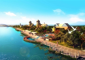 某现代中式滨江公园景观设计3dmax模型（含效果图）