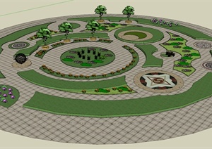 某圆形花园景观设计SU(草图大师)模型（附CAD平面图）