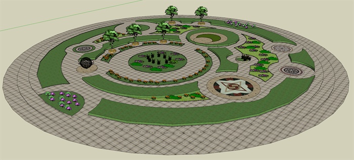 某圆形花园景观设计SU模型（附CAD平面图）