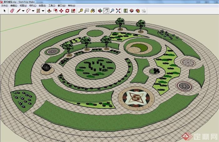 某圆形花园景观设计SU模型（附CAD平面图）(2)