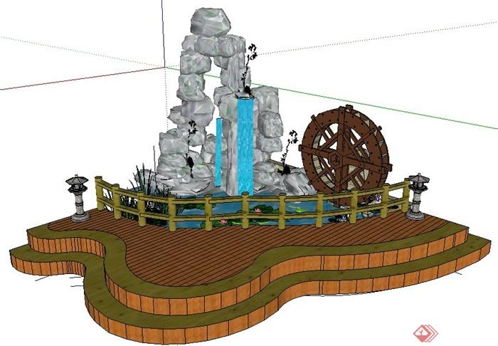 园林景观假山水车组合su模型(1)