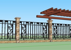 园林景观现代风格铁艺围墙及花架组合SU(草图大师)模型