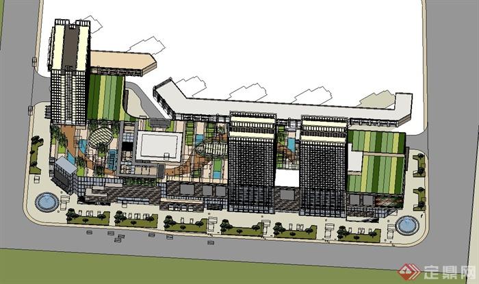 现代某裙带式商业综合体建筑设计SU模型(3)