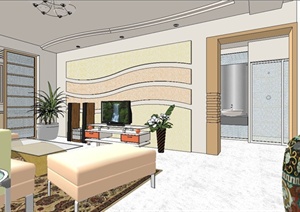 某两室一厅欧式住宅空间设计SU(草图大师)模型