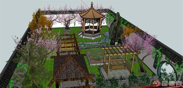 中式风格庭院景观设计su模型(3)