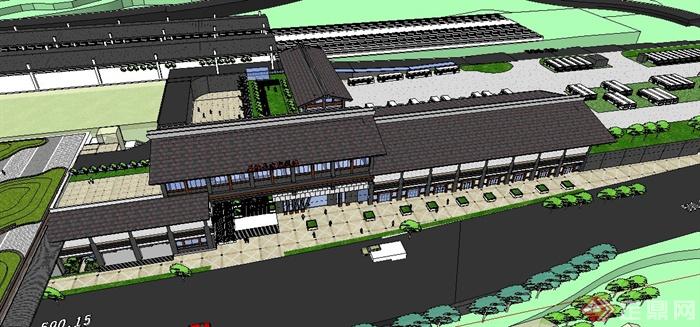 重庆某中式风格火车站、客运站建筑景观设计su模型(2)