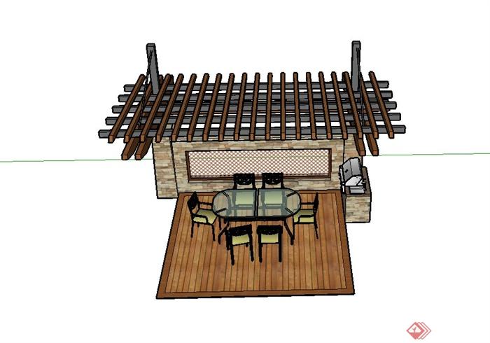 某单脚廊架与桌椅组合设计SU模型(1)