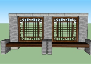 中式风格景观墙及坐凳SU(草图大师)模型