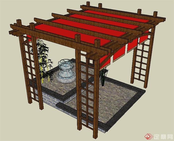 中式风格凉亭、水景su模型(2)
