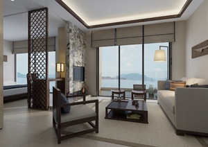 现代中式客厅、卧室室内设计3dmax模型