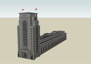 某中式风格L形银行建筑设计SU(草图大师)模型