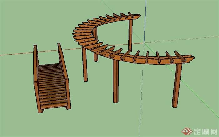 一个木制弧形廊架和木桥设计SU模型(2)