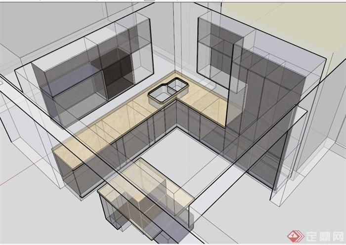 室内厨房橱柜布置设计SU模型(1)