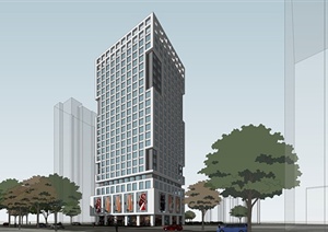 某高层商业办公楼建筑设计SU(草图大师)模型（附JPG+CAD方案）