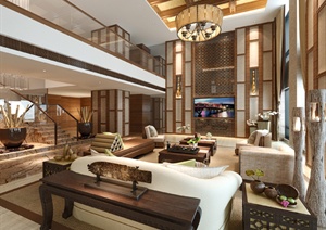 新中式私人公馆客餐厅及厨房室内设计3dmax模型