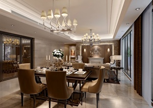 欧式家装客厅及餐厅室内装饰3dmax模型