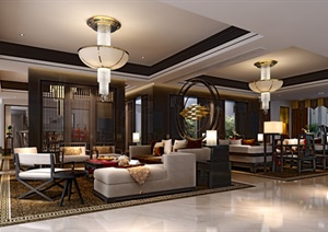 现代中式客厅、餐厅室内装饰3dmax模型
