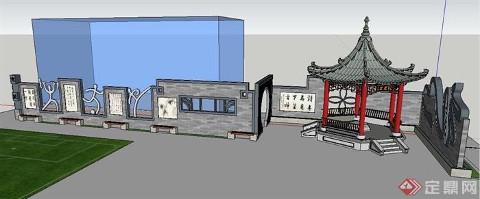 两款中式风格文化景墙及凉亭su模型(4)