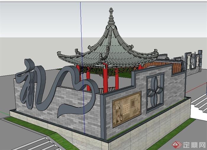 两款中式风格文化景墙及凉亭su模型(5)