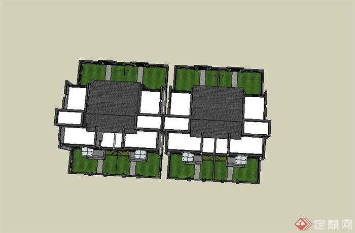 某现代中式三层联排别墅建筑设计SU模型与CAD平面户型图(2)