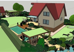 某现代风格别墅建筑及庭院景观设计SU(草图大师)模型