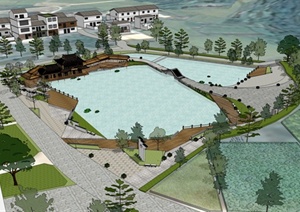 中式新农村池塘滨水公园景观设计SU(草图大师)模型