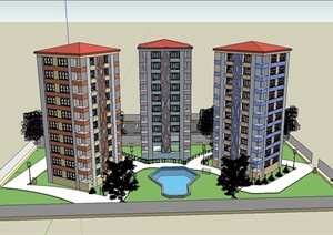现代风格某住宅小区三栋10层住宅建筑设计SU(草图大师)模型