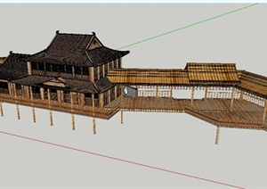 中式风格长廊水榭组合SU(草图大师)模型
