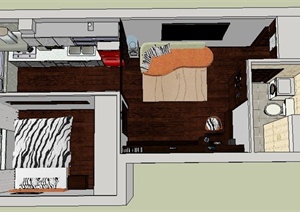 现代一居室单身公寓室内设计SU(草图大师)模型