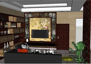 中式风格家装客厅室内设计SU(草图大师)模型