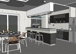室内设计现代厨房及餐厅室内设计SU(草图大师)模型