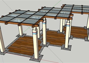 园林景观现代木制玻璃廊架SU(草图大师)模型