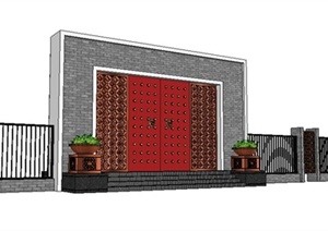 中式风格围墙及大门组合SU(草图大师)模型