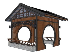现代中式木质玻璃凉亭SU(草图大师)模型