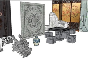 中式风格景墙、屏风、桌凳等SU(草图大师)模型