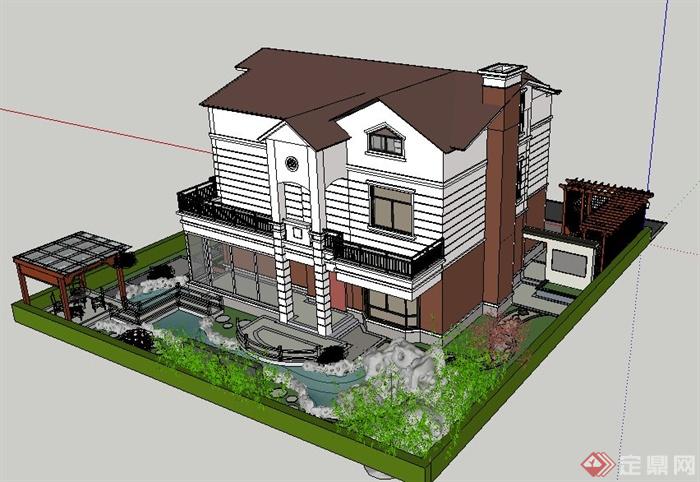 现代中式别墅建筑及庭院景观su模型(7)